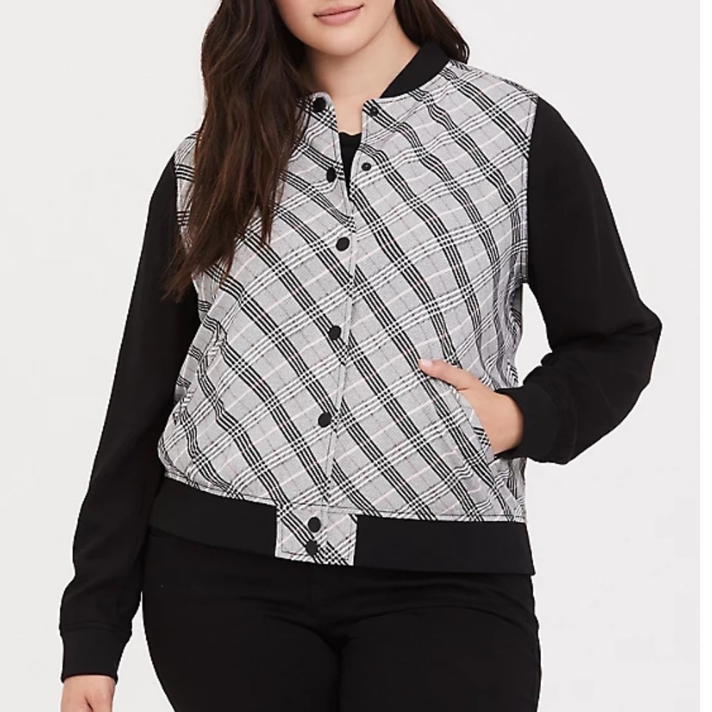 Black Plaid Twill Bomber Jacket - Picture 2 of 6